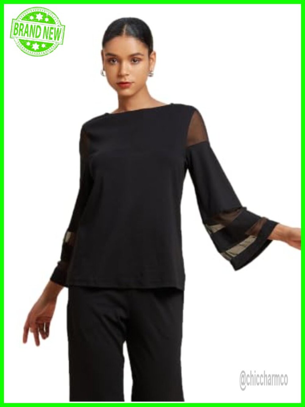 Womens Chiffon Sheer Bell Sleeve Tunic Blouse Crew Neck Long Sleeve Top